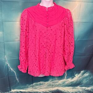 Eyelet Button-Front Blouse in Bright Pink with Ruffled Yoke
